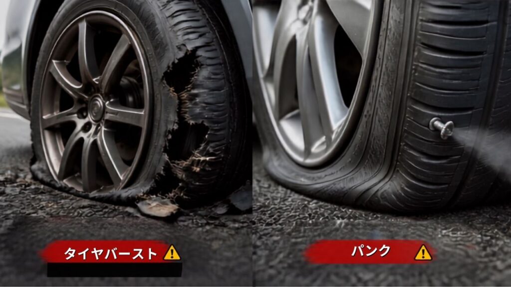 普通のパンクとタイヤバーストの損傷状態を比較した画像]